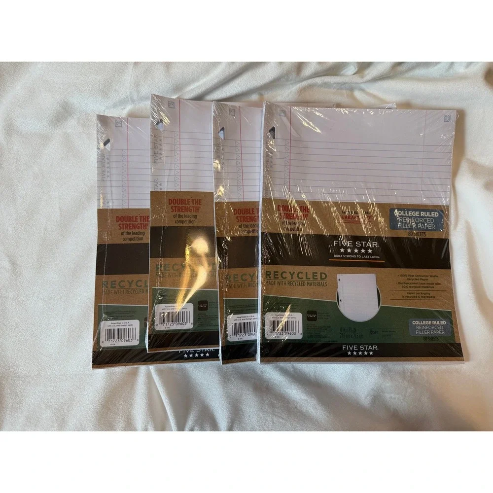 Five Star 4 Pack Reinforced Filler Paper College Ruled Recycled 80 Sheets 11x8.5